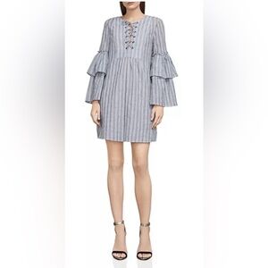BCBGMaxAzria Blue and White Lace-Up Bell Sleeve Dress